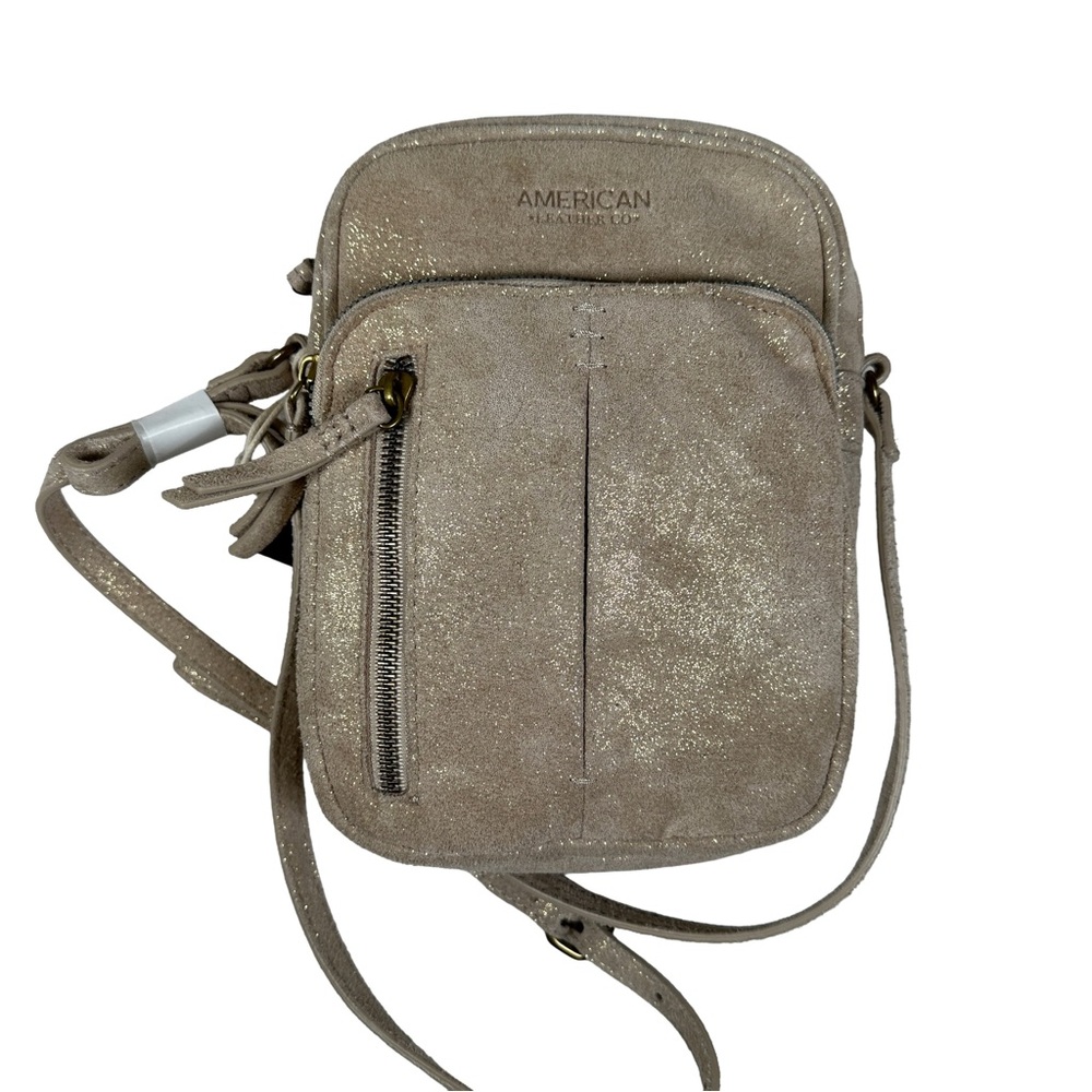 American Leather Co. Tan gold suede Crossbody Bag Cleveland pockets